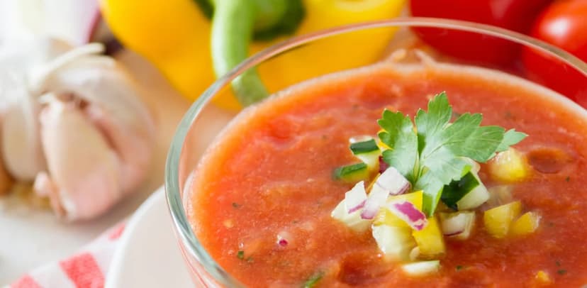 A dish of Gazpacho with Avocado and Crab